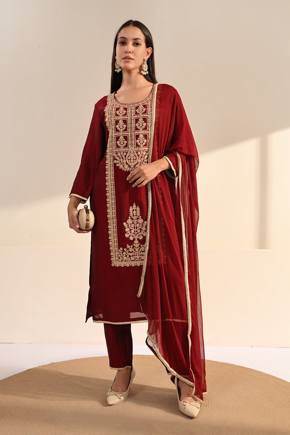 Maroon Zari Embroidered Kurta 3 Pcs Set
