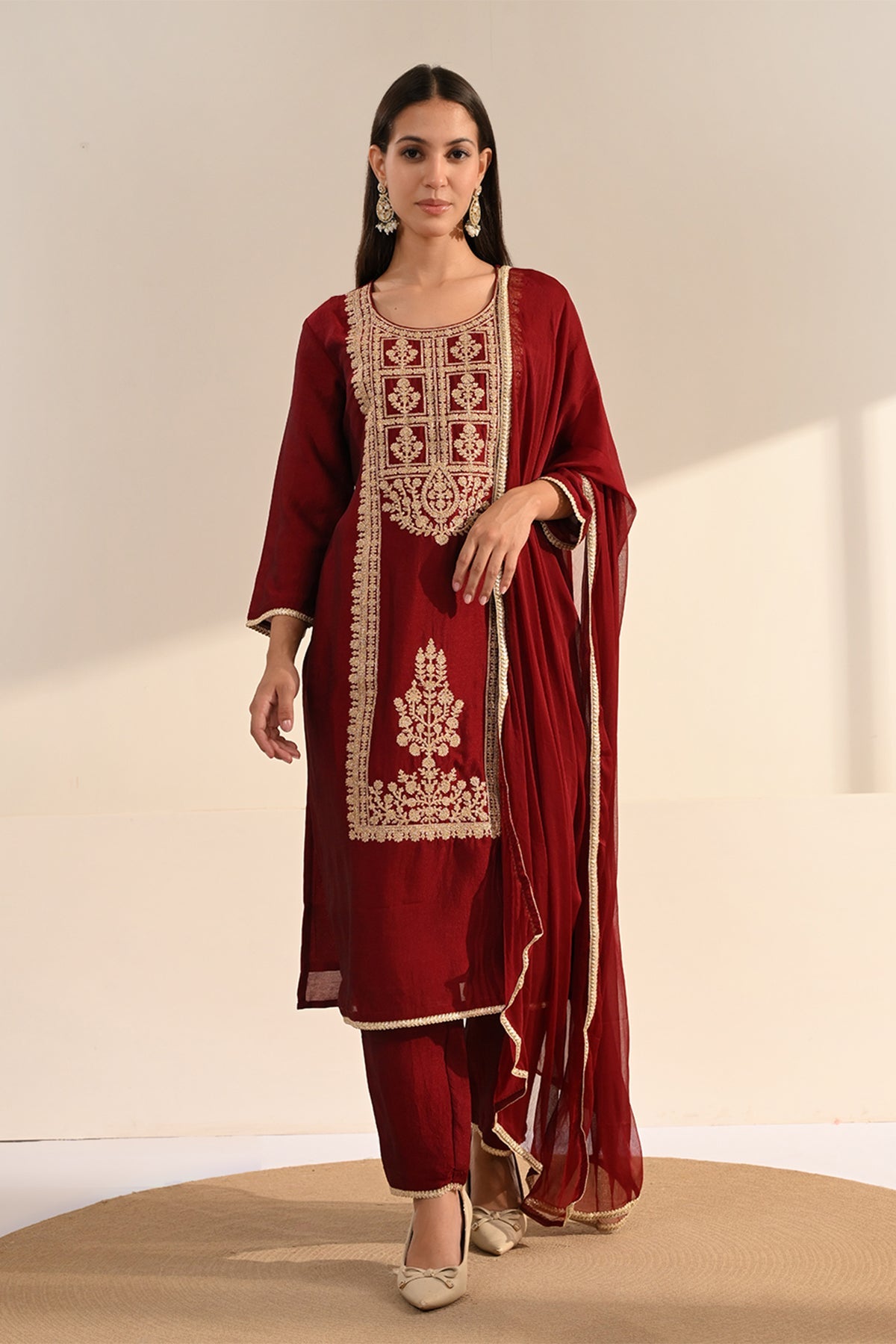 Maroon Zari Embroidered Kurta 3 Pcs Set