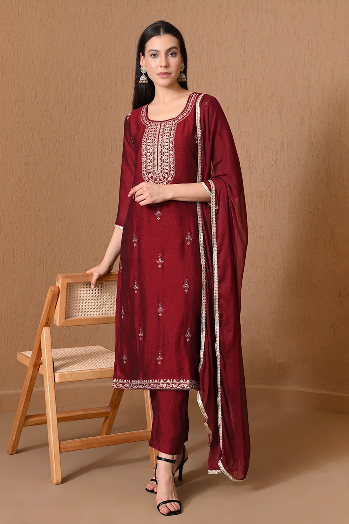 Maroon Metallic Zari Embroidered Kurta 3 Pcs Set
