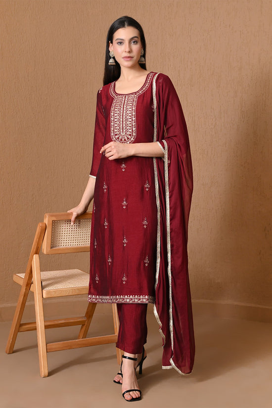 Maroon Metallic Zari Embroidered Kurta 3 Pcs Set
