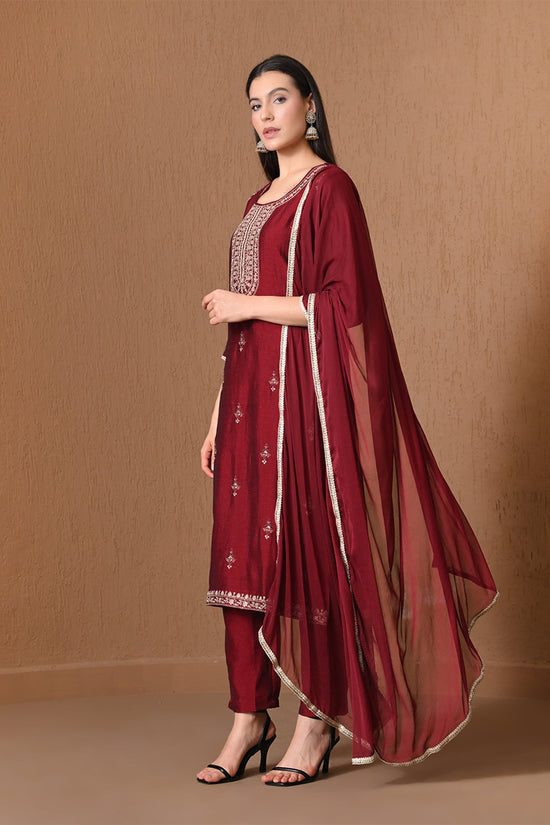 Maroon Metallic Zari Embroidered Kurta 3 Pcs Set