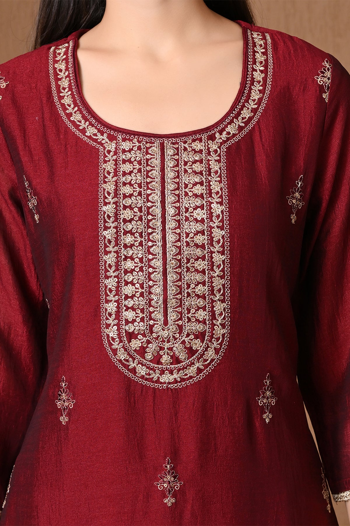 Maroon Metallic Zari Embroidered Kurta 3 Pcs Set