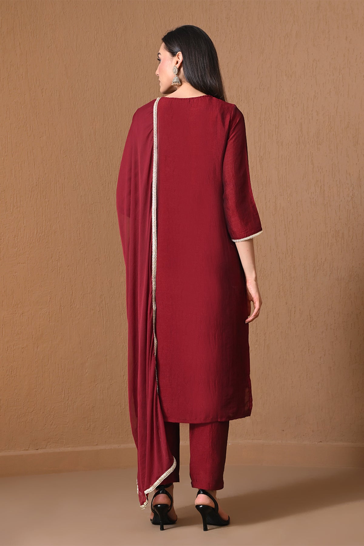 Maroon Metallic Zari Embroidered Kurta 3 Pcs Set