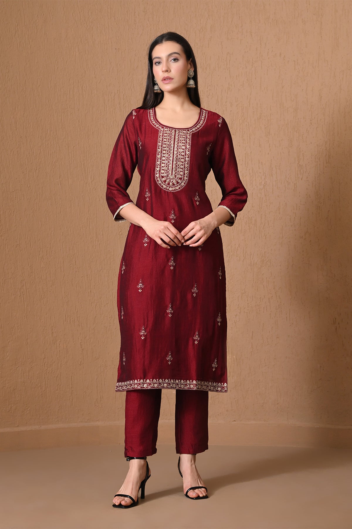 Maroon Metallic Zari Embroidered Kurta 3 Pcs Set