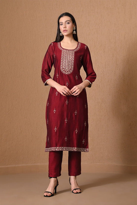 Maroon Metallic Zari Embroidered Kurta 3 Pcs Set