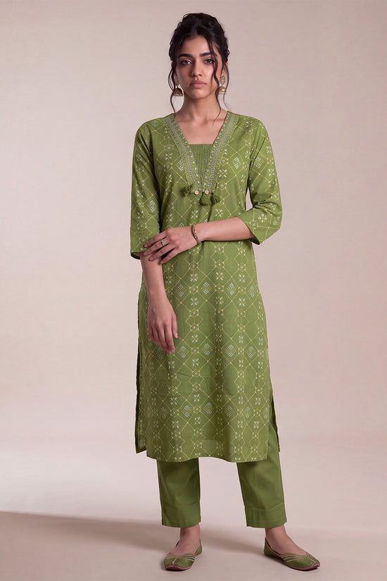 Olive Green Bandhani Print Kurta 2 Pcs Set