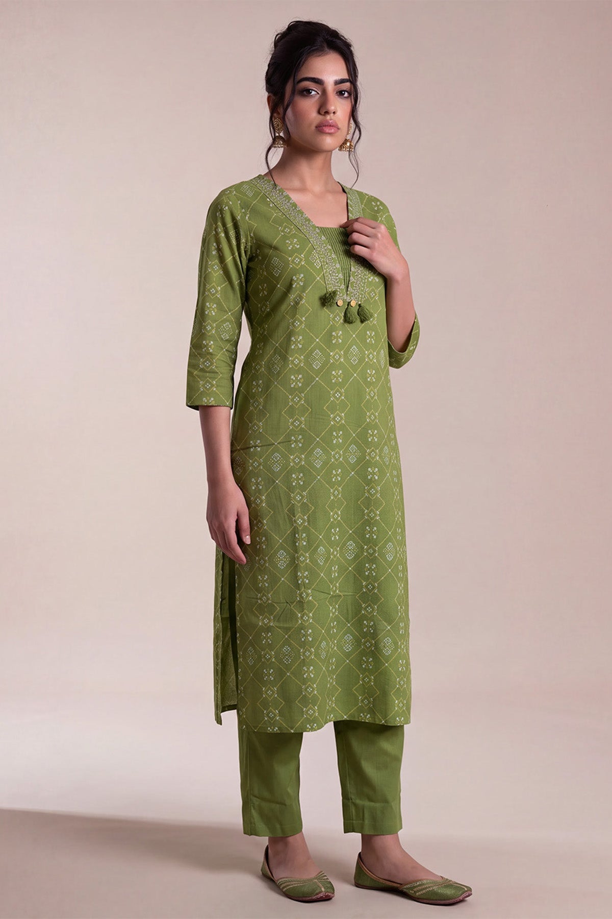 Olive Green Bandhani Print Kurta 2 Pcs Set