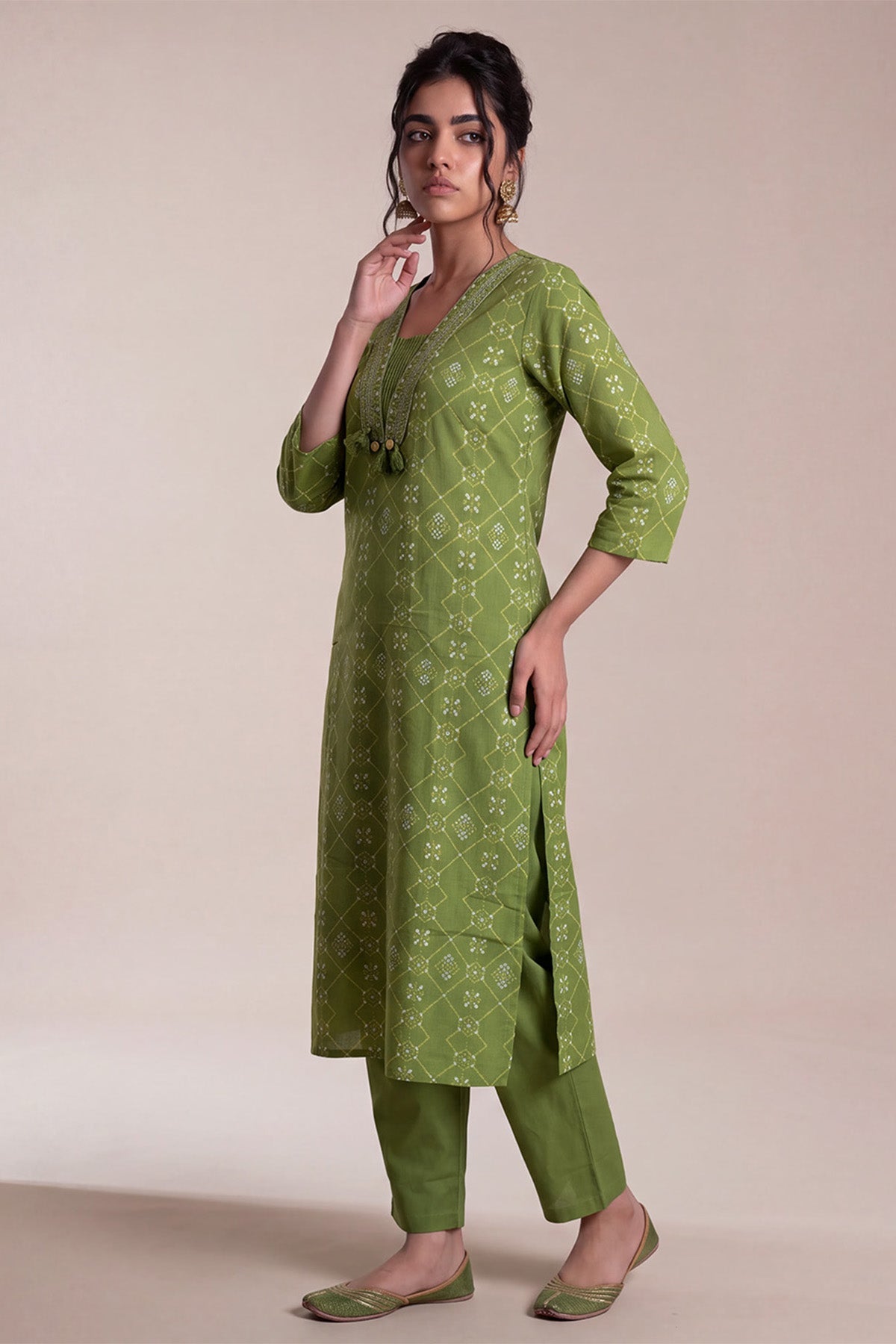 Olive Green Bandhani Print Kurta 2 Pcs Set