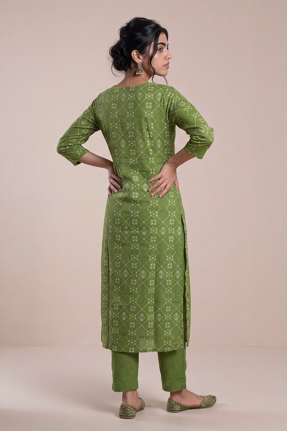 Olive Green Bandhani Print Kurta 2 Pcs Set