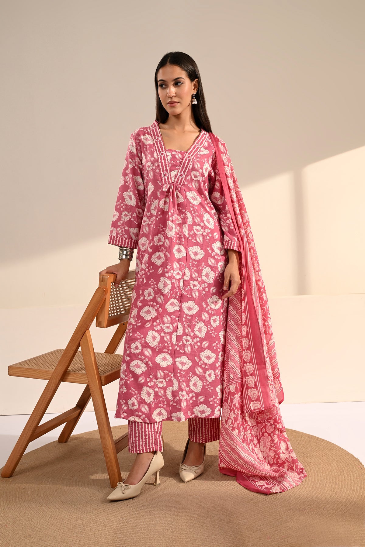 Pink Floral Block-Printed Anarkali Kurta 3 Pcs Set