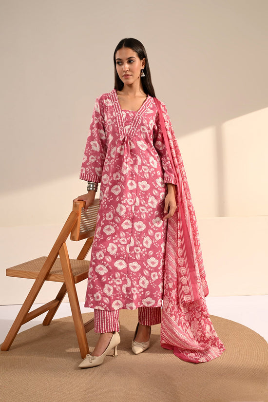 Pink Floral Block-Printed Anarkali Kurta 3 Pcs Set