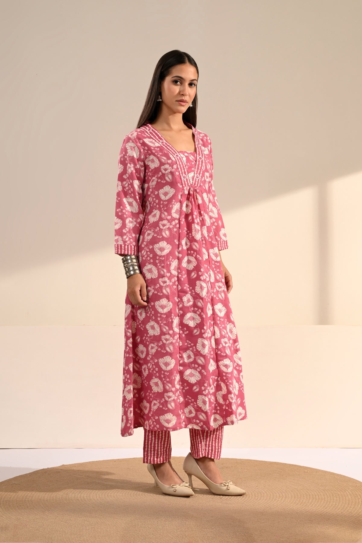 Pink Floral Block-Printed Anarkali Kurta 3 Pcs Set