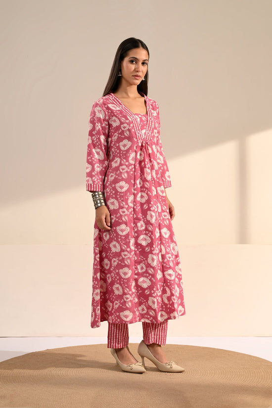 Pink Floral Block-Printed Anarkali Kurta 3 Pcs Set