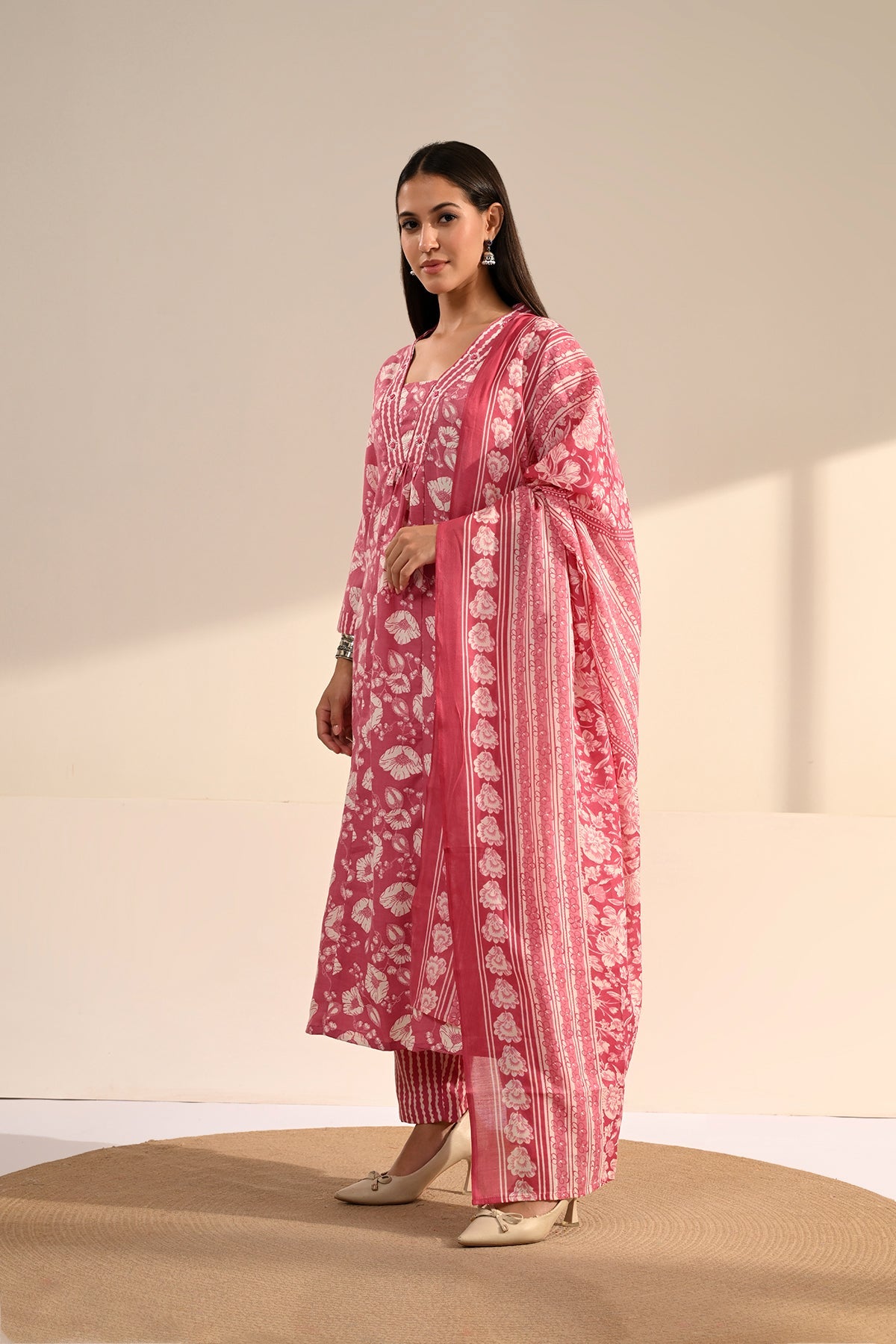Pink Floral Block-Printed Anarkali Kurta 3 Pcs Set