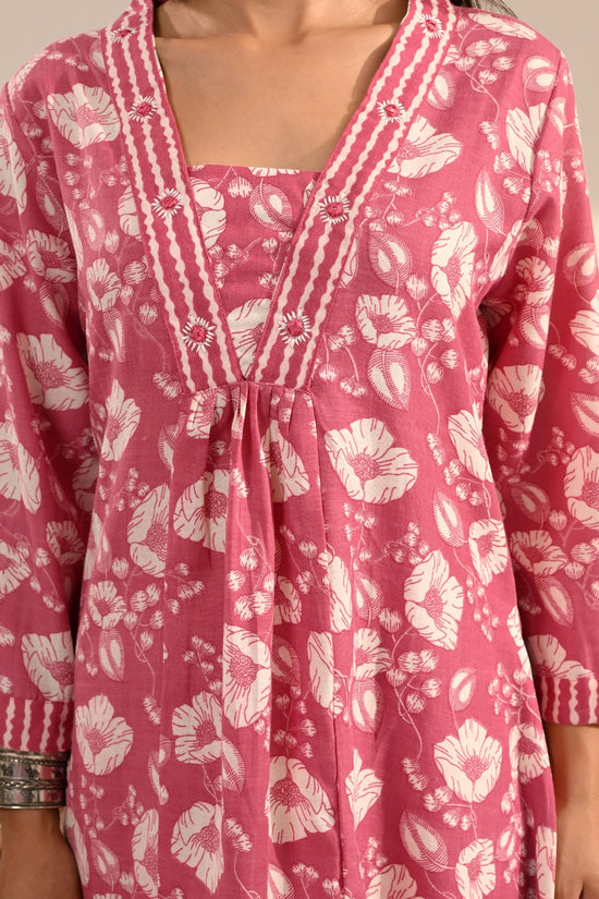 Pink Floral Block-Printed Anarkali Kurta 3 Pcs Set