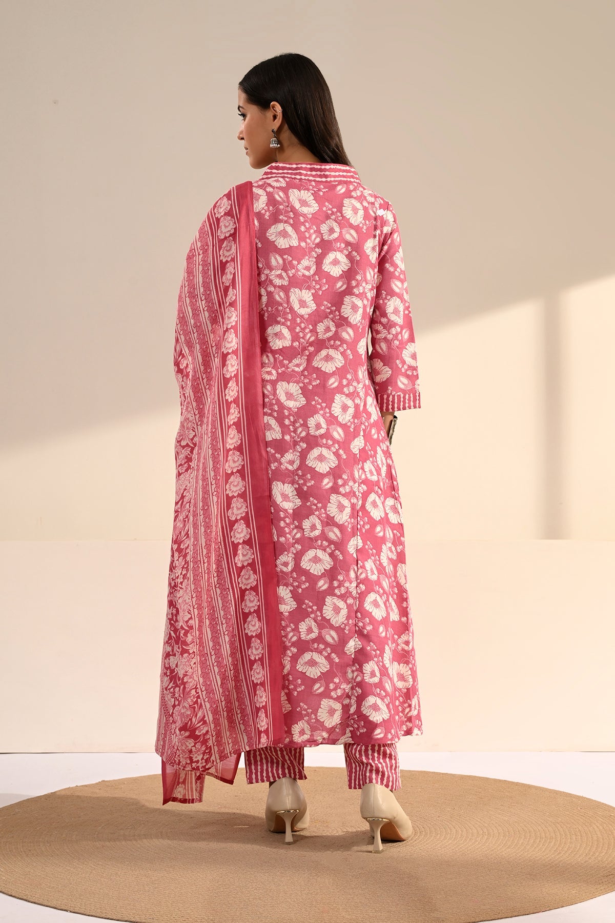 Pink Floral Block-Printed Anarkali Kurta 3 Pcs Set