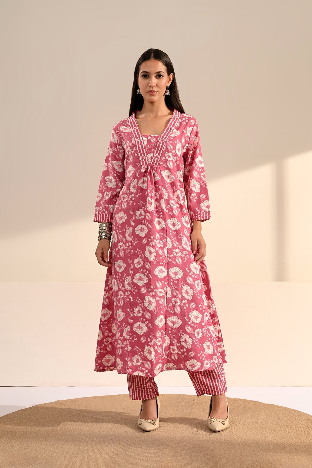 Pink Floral Block-Printed Anarkali Kurta 3 Pcs Set