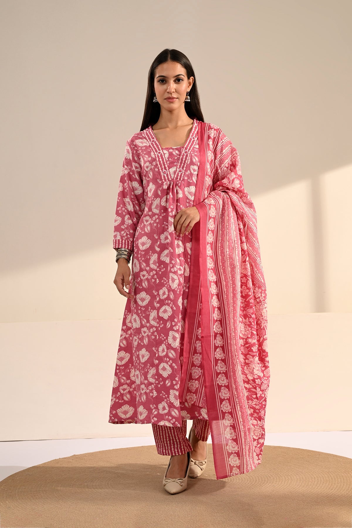Pink Floral Block-Printed Anarkali Kurta 3 Pcs Set