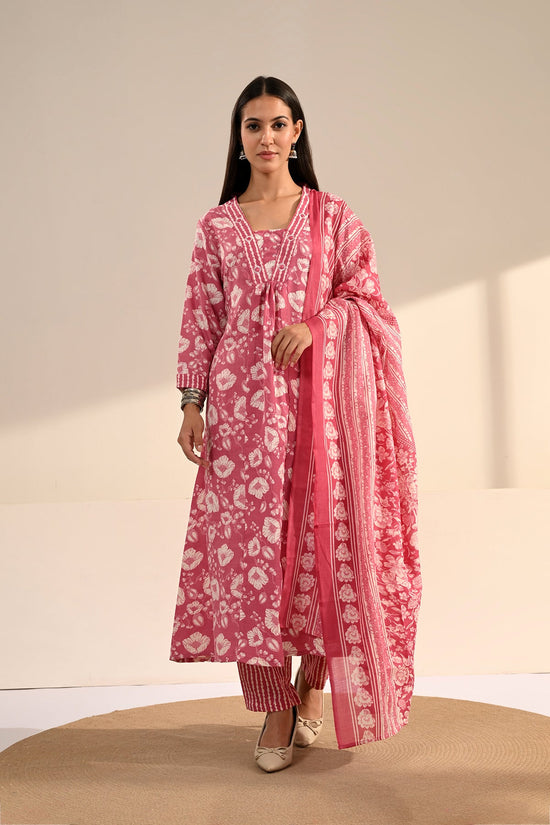 Pink Floral Block-Printed Anarkali Kurta 3 Pcs Set