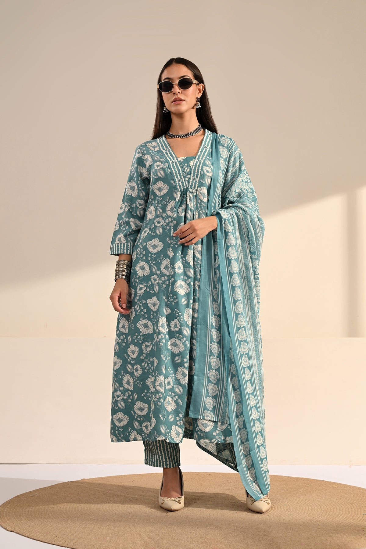 Blue Floral Block-Printed Anarkali Kurta 3 Pcs Set