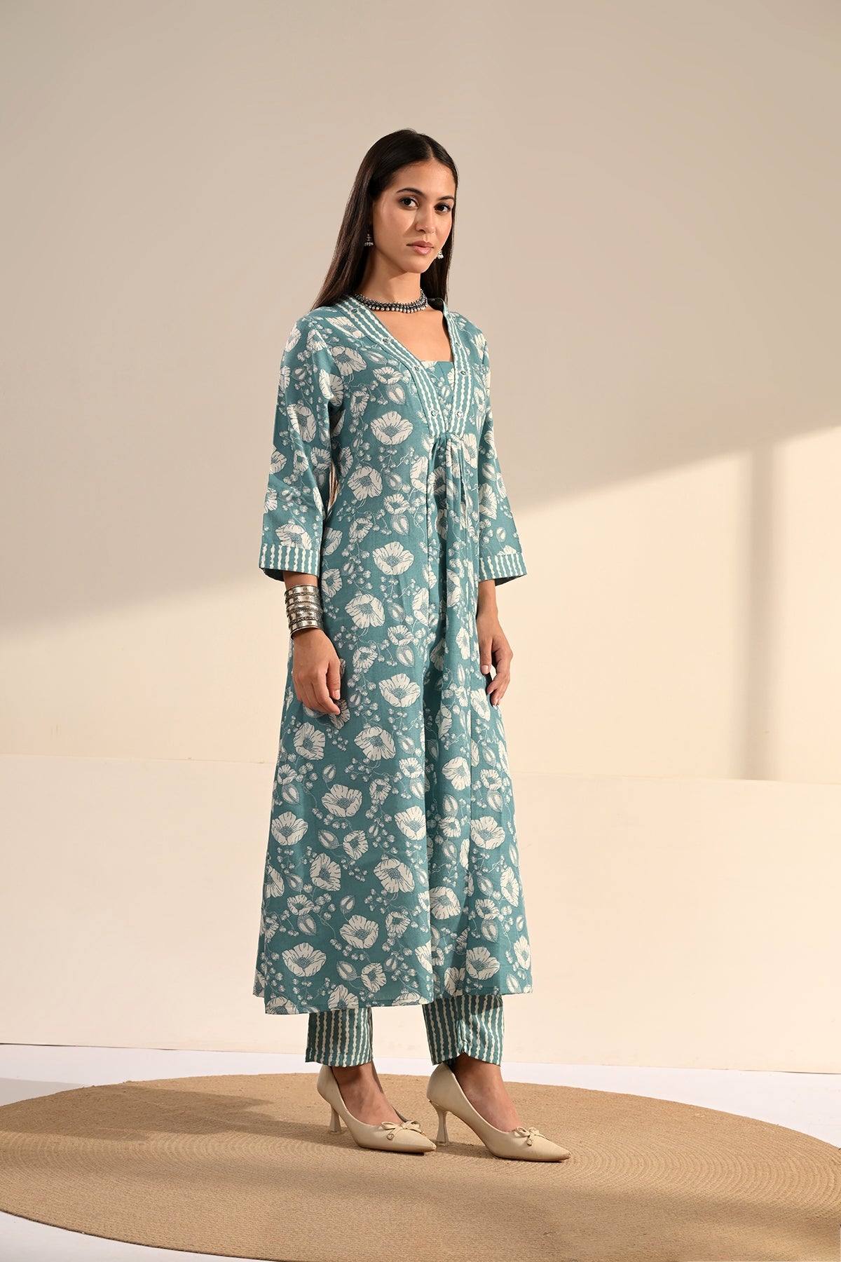 Blue Floral Block-Printed Anarkali Kurta 3 Pcs Set