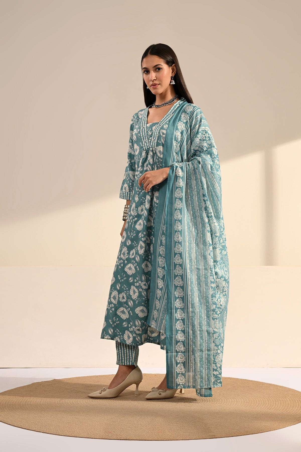 Blue Floral Block-Printed Anarkali Kurta 3 Pcs Set