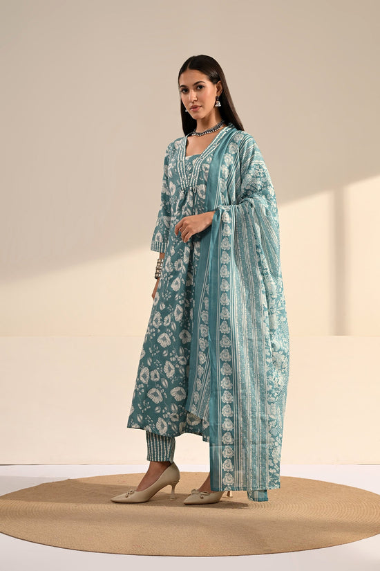 Blue Floral Block-Printed Anarkali Kurta 3 Pcs Set
