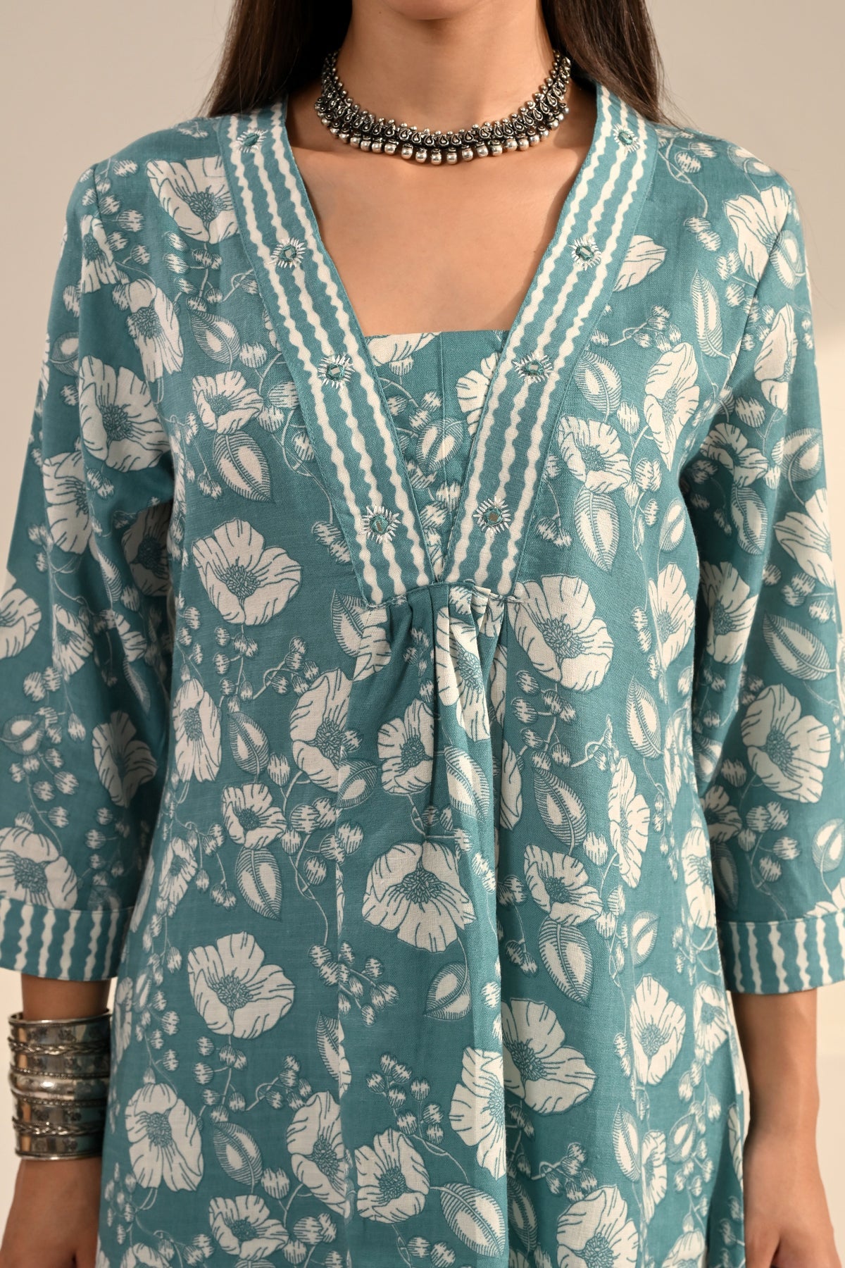 Blue Floral Block-Printed Anarkali Kurta 3 Pcs Set