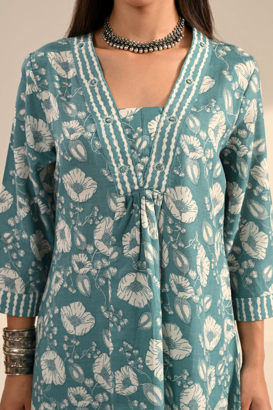 Blue Floral Block-Printed Anarkali Kurta 3 Pcs Set