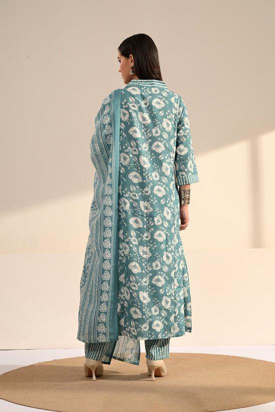 Blue Floral Block-Printed Anarkali Kurta 3 Pcs Set