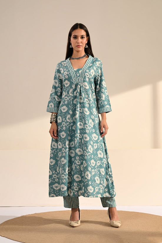 Blue Floral Block-Printed Anarkali Kurta 3 Pcs Set
