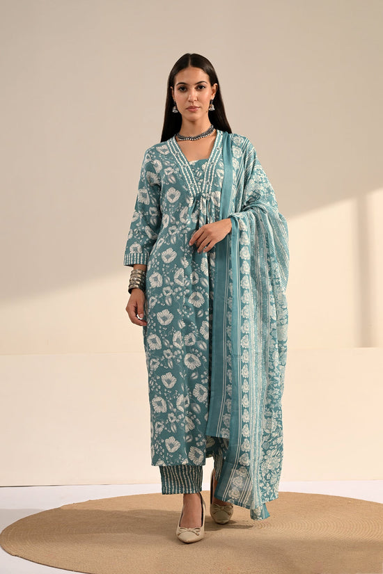 Blue Floral Block-Printed Anarkali Kurta 3 Pcs Set