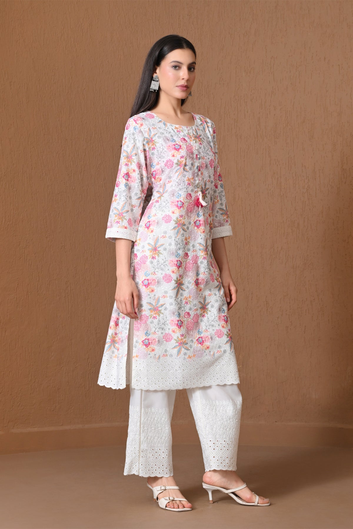 Cream & Multi Floral Printed Kurta 3 Pcs Set