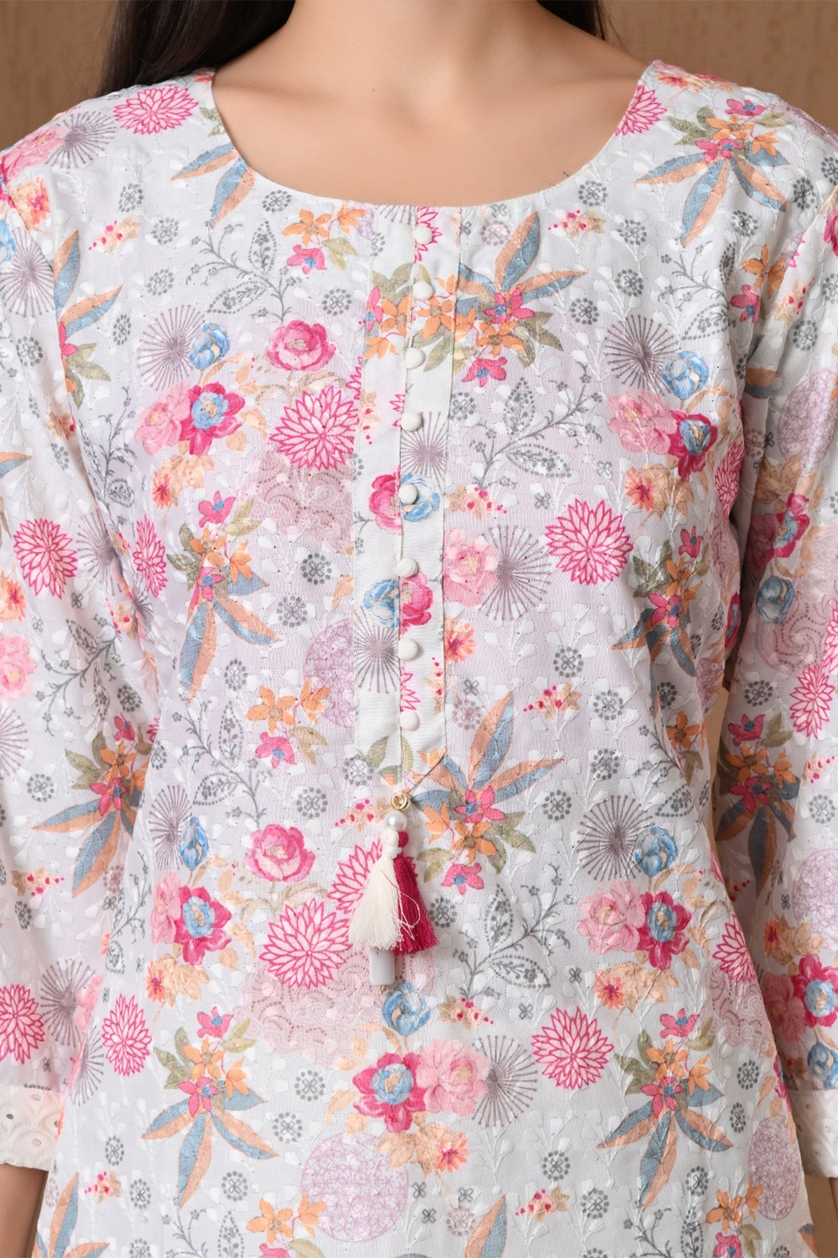 Cream & Multi Floral Printed Kurta 3 Pcs Set