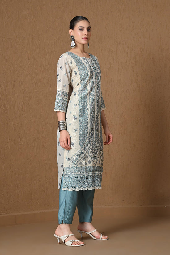 Cream Floral Embroidered Kurta 3 Pcs Set