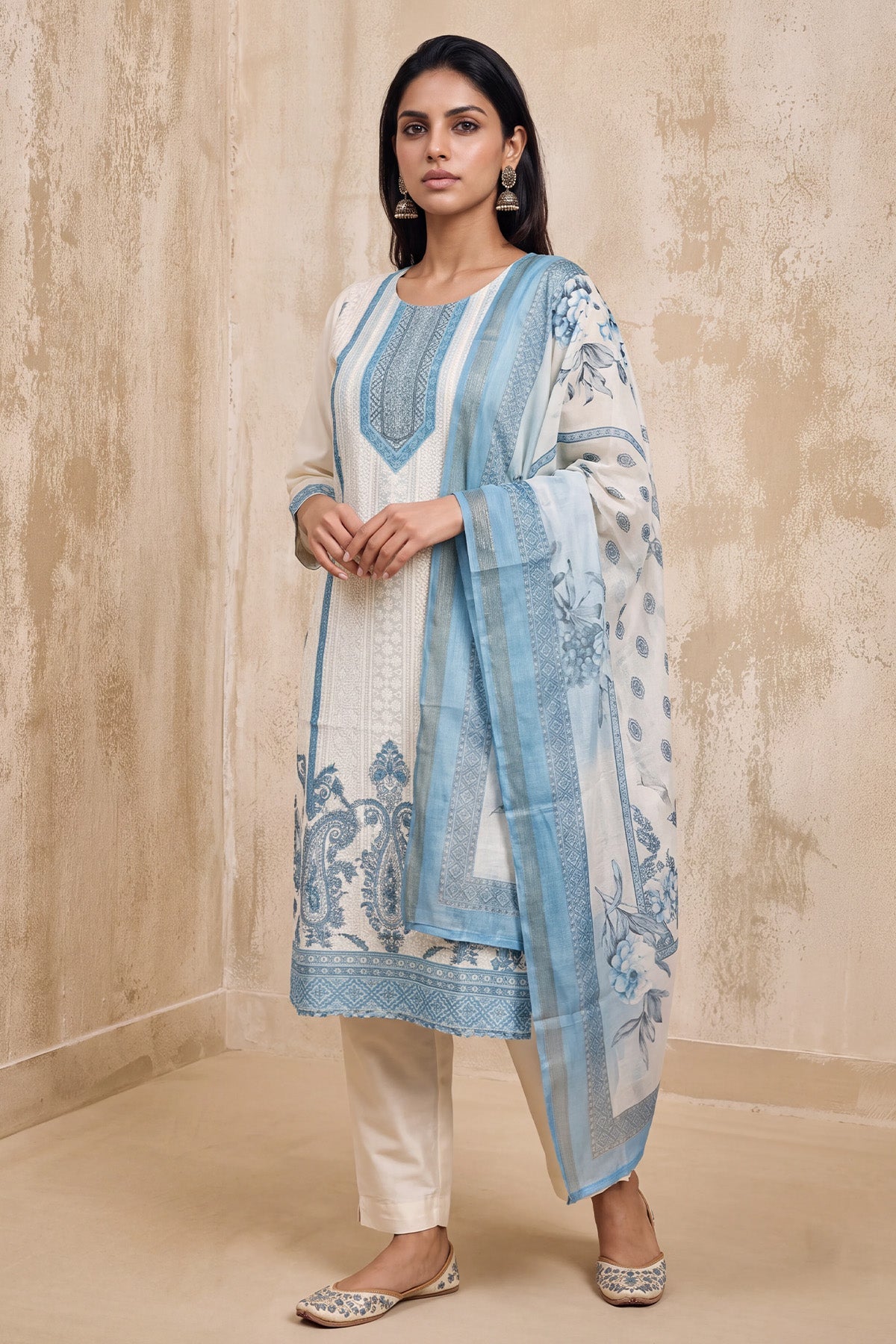 Cream and Blue Paisley Printed Kurta 3 Pcs Set