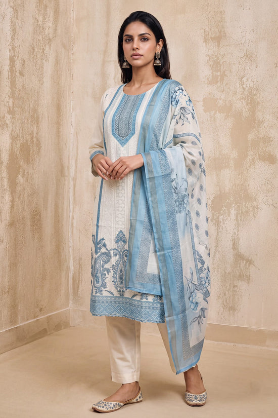 Cream and Blue Paisley Printed Kurta 3 Pcs Set
