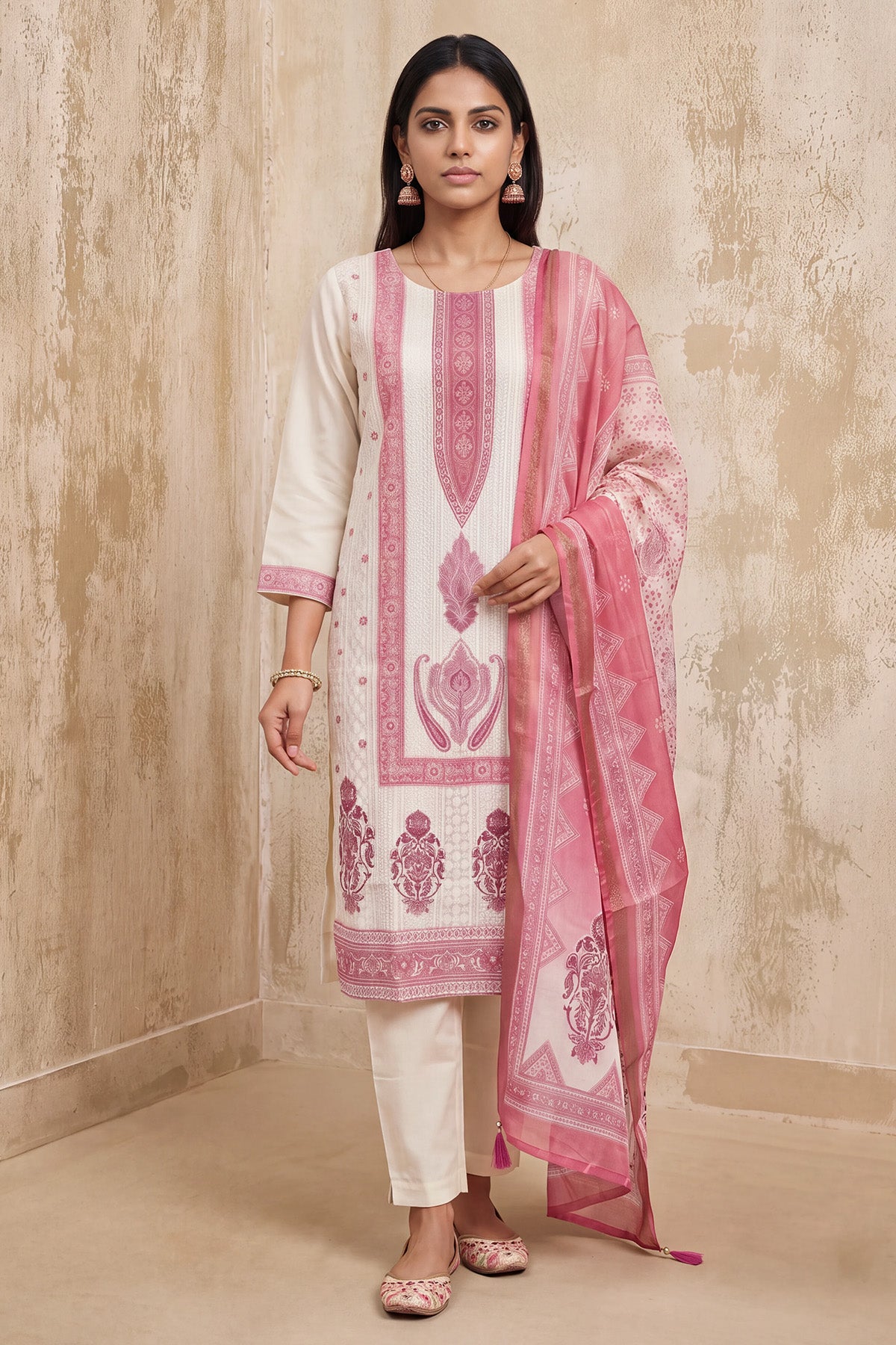 Cream and Pink Paisley Printed Kurta 3 Pcs Set
