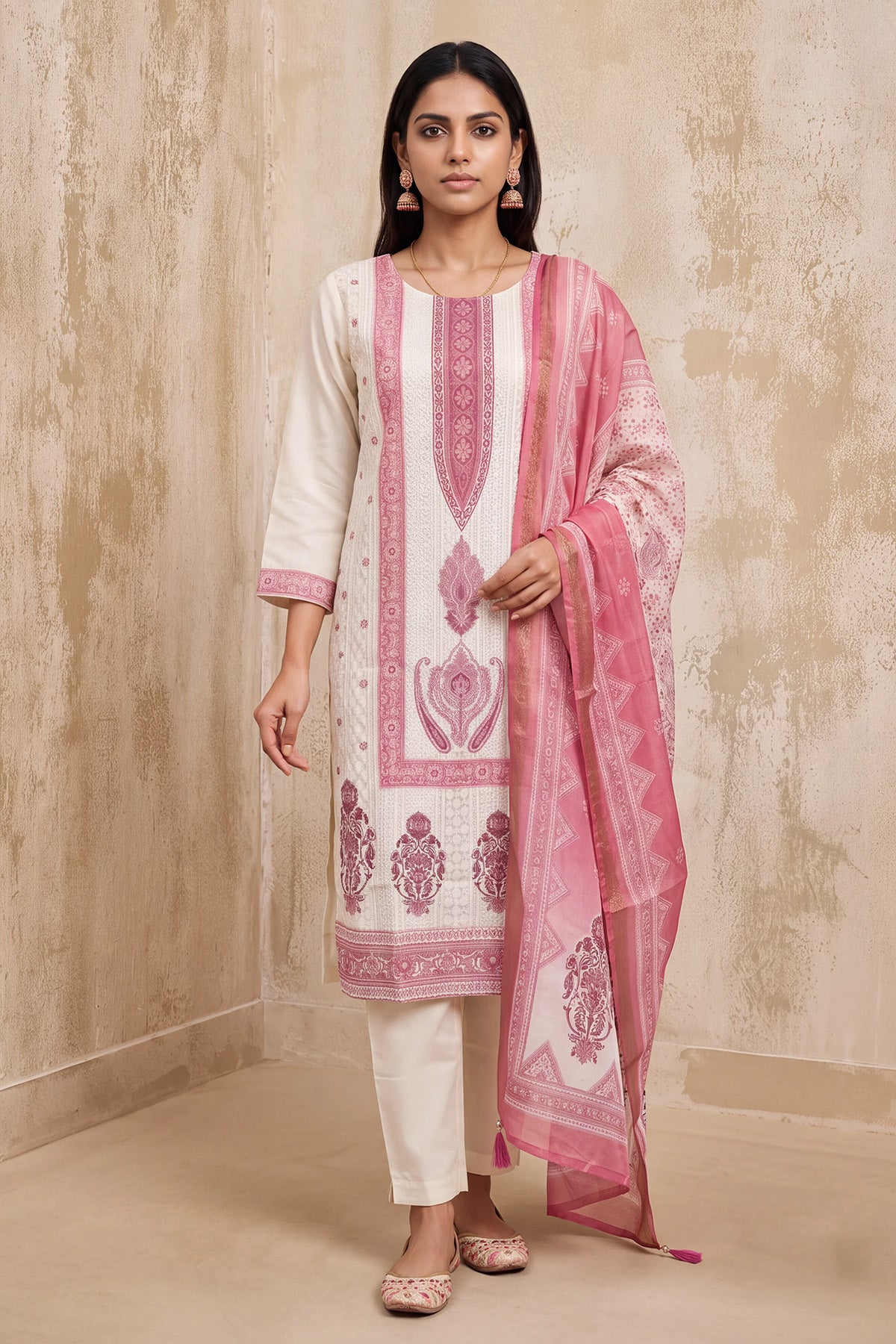 Cream and Pink Paisley Printed Kurta 3 Pcs Set