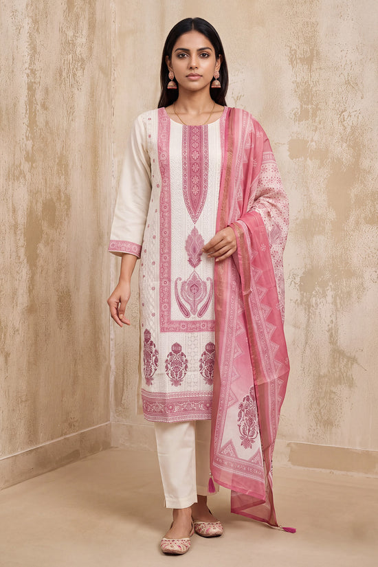 Cream and Pink Paisley Printed Kurta 3 Pcs Set