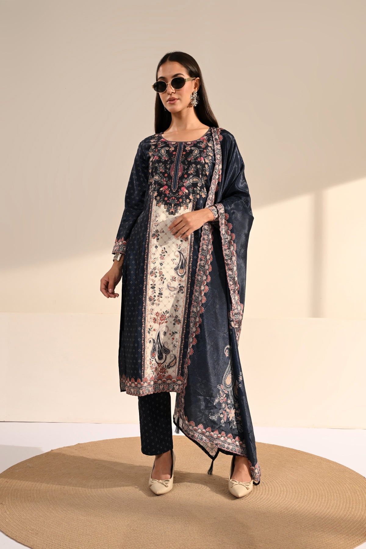 Midnight Blue Paisley Printed Kurta 3 Pcs Set