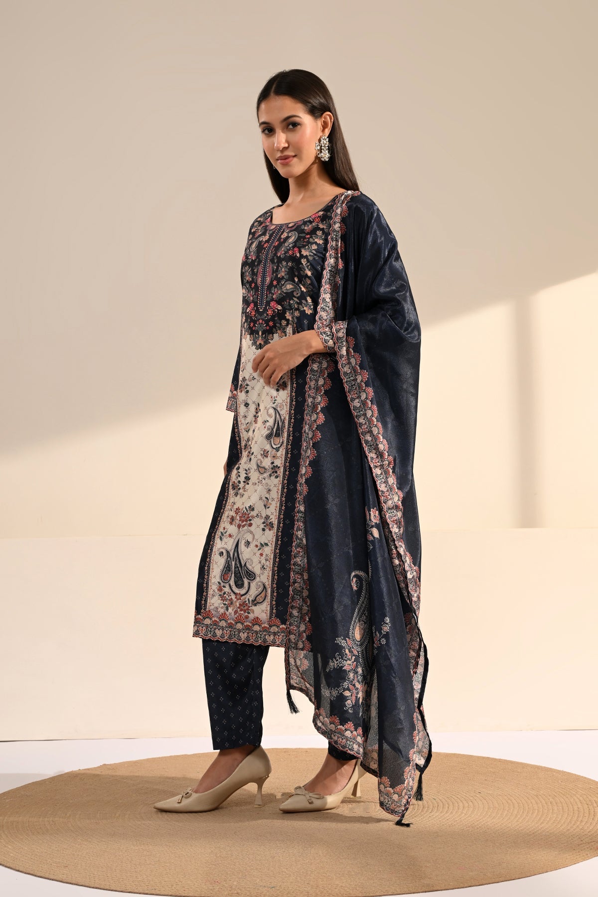 Midnight Blue Paisley Printed Kurta 3 Pcs Set