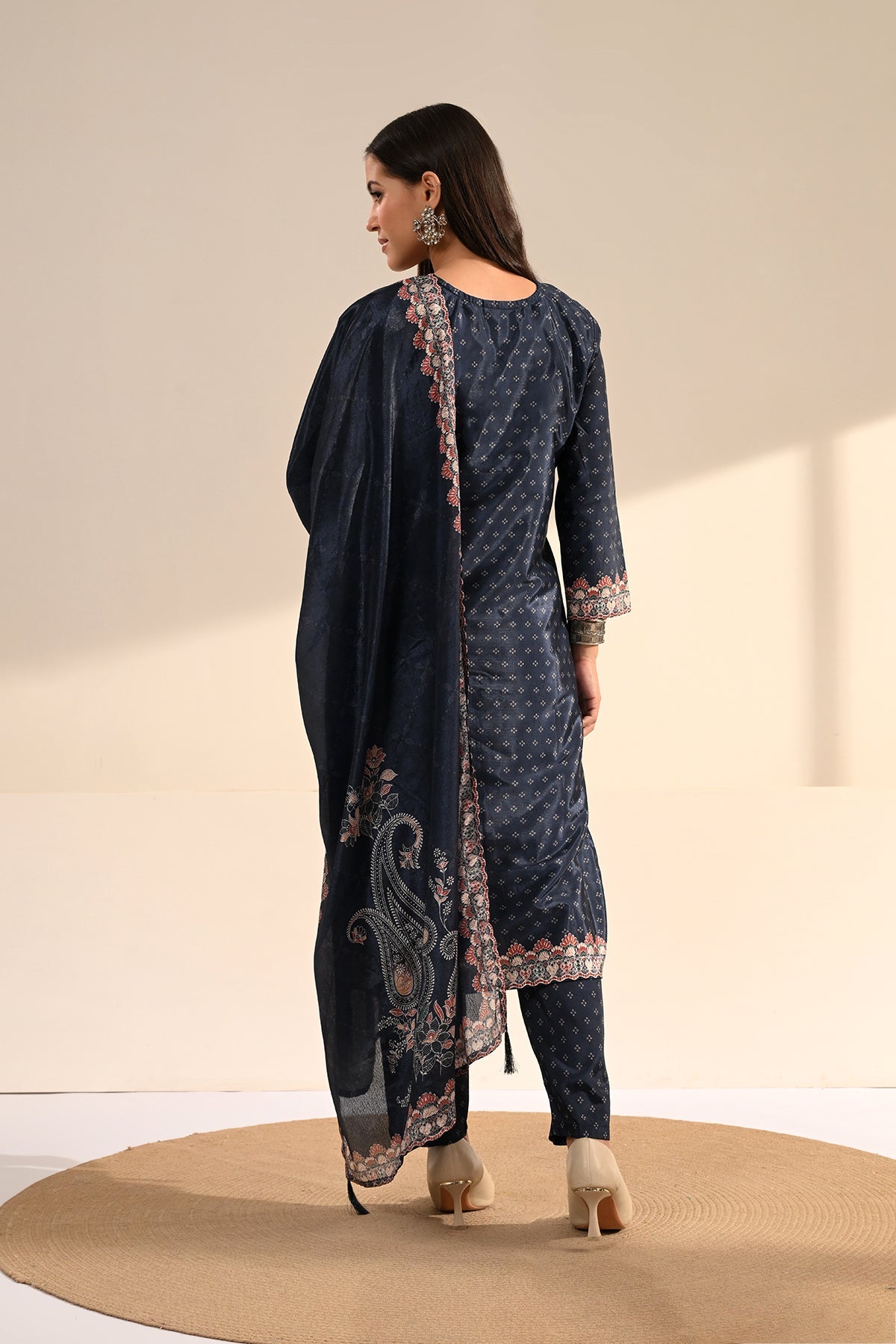 Midnight Blue Paisley Printed Kurta 3 Pcs Set
