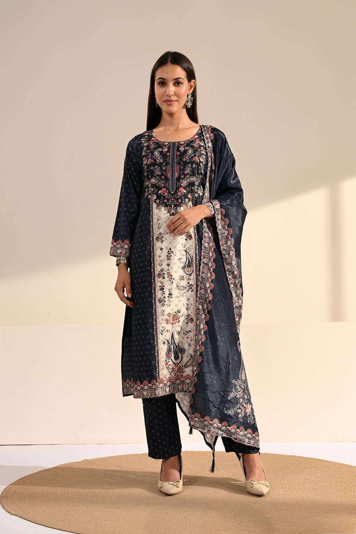 Midnight Blue Paisley Printed Kurta 3 Pcs Set