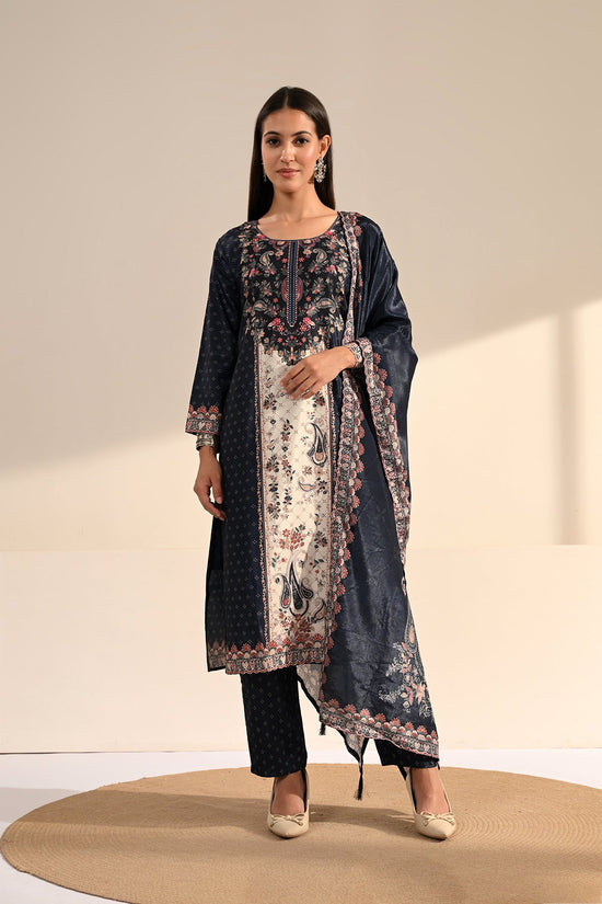 Midnight Blue Paisley Printed Kurta 3 Pcs Set