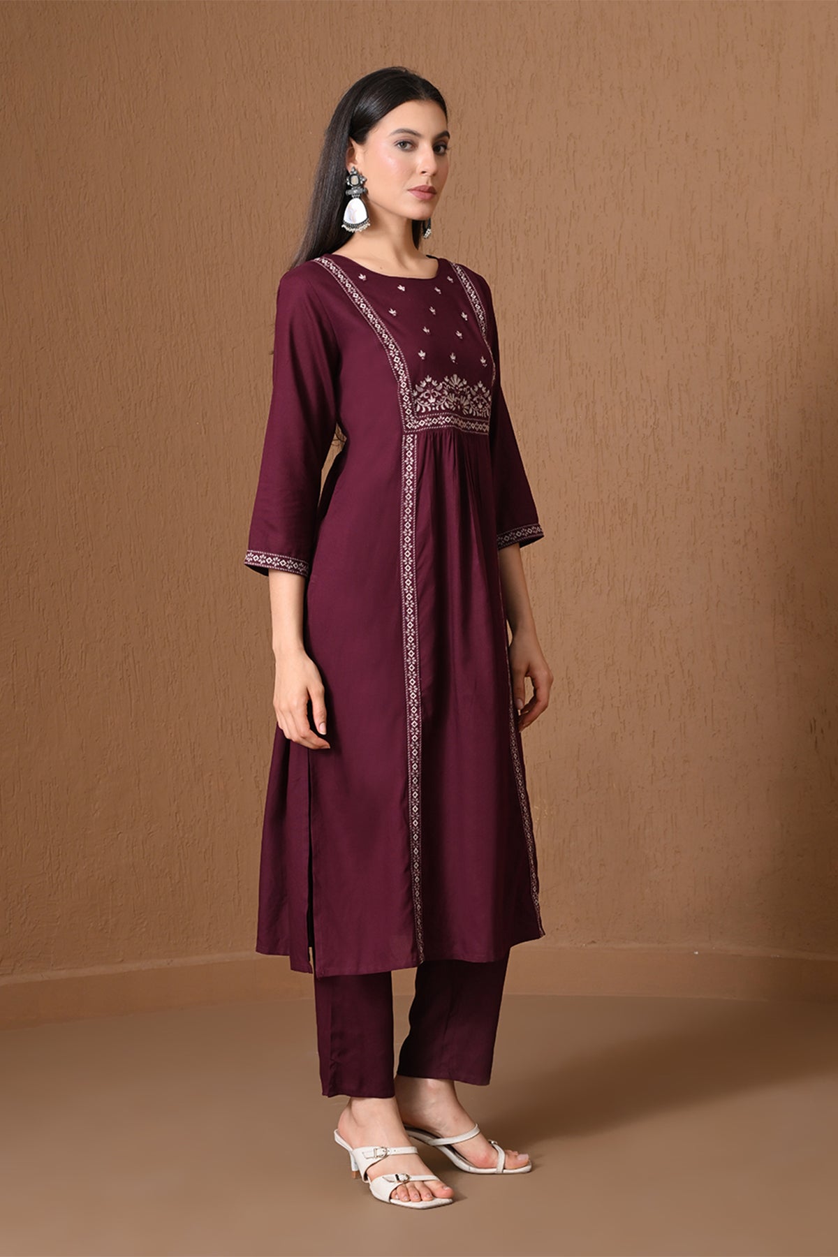 Wine Embroidered A-line Kurta 3 Pcs Set