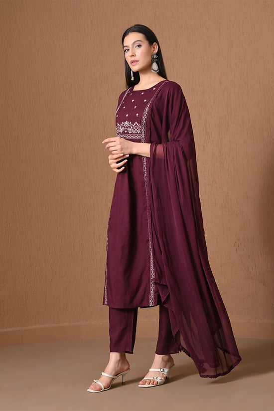 Wine Embroidered A-line Kurta 3 Pcs Set