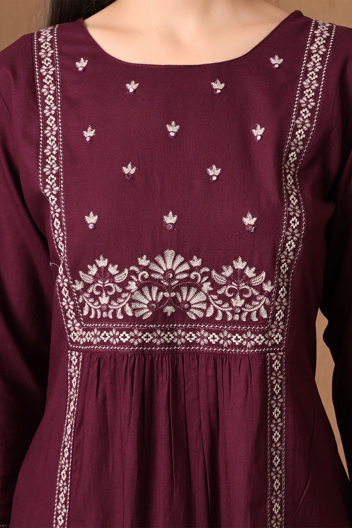 Wine Embroidered A-line Kurta 3 Pcs Set