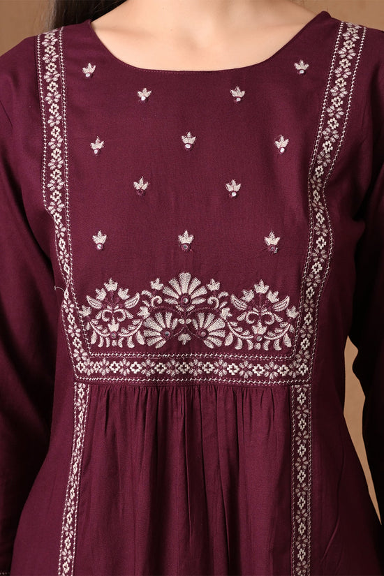 Wine Embroidered A-line Kurta 3 Pcs Set