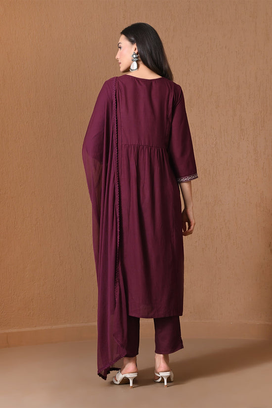 Wine Embroidered A-line Kurta 3 Pcs Set